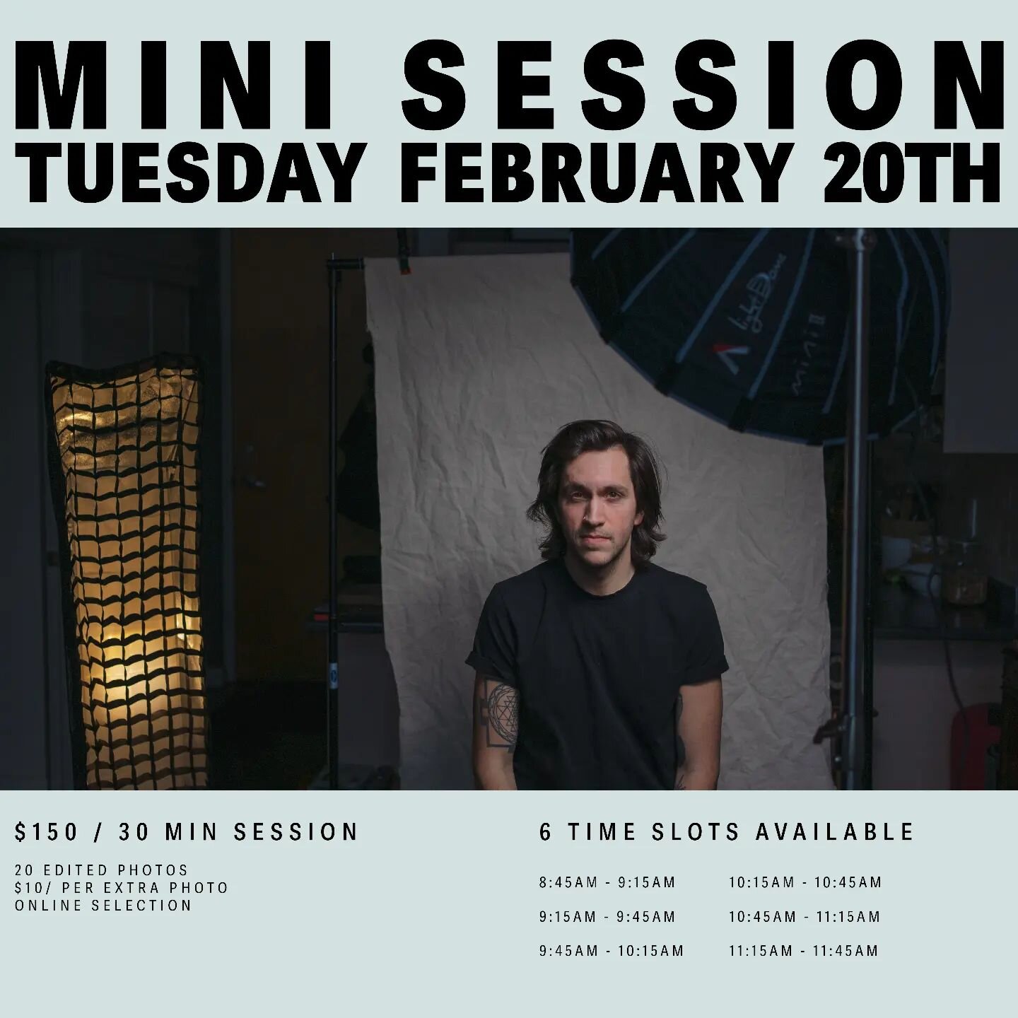 Y'all said yes to the mini sessions. So I booked a photography studio for a few hours on Tuesday, February 20th. There are 6 slots available, so book them before they fill up. 

Things we could do:
Funky portraits
Update your professional headshots (