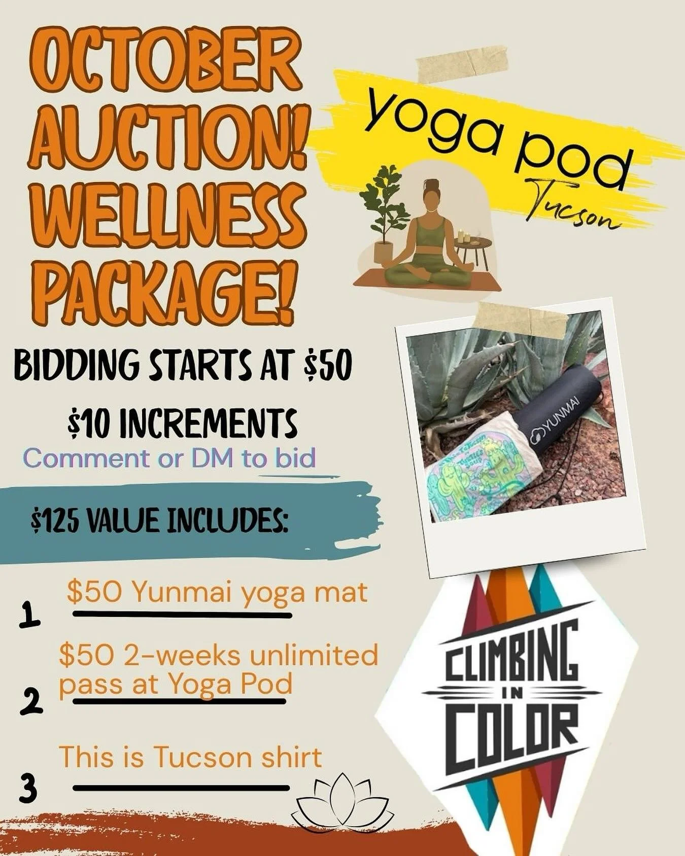 October auction dropping! Meet our wellness package! Bidding starts at $50 with $10 increments. Comment or DM to bid! 
1️⃣ $50 Yunmai yoga mat
2️⃣ $50 2 week unlimited yoga and barre pass to @yogapodtucson 
3️⃣ Cute @this_is_tucson shirt
Total ~$125