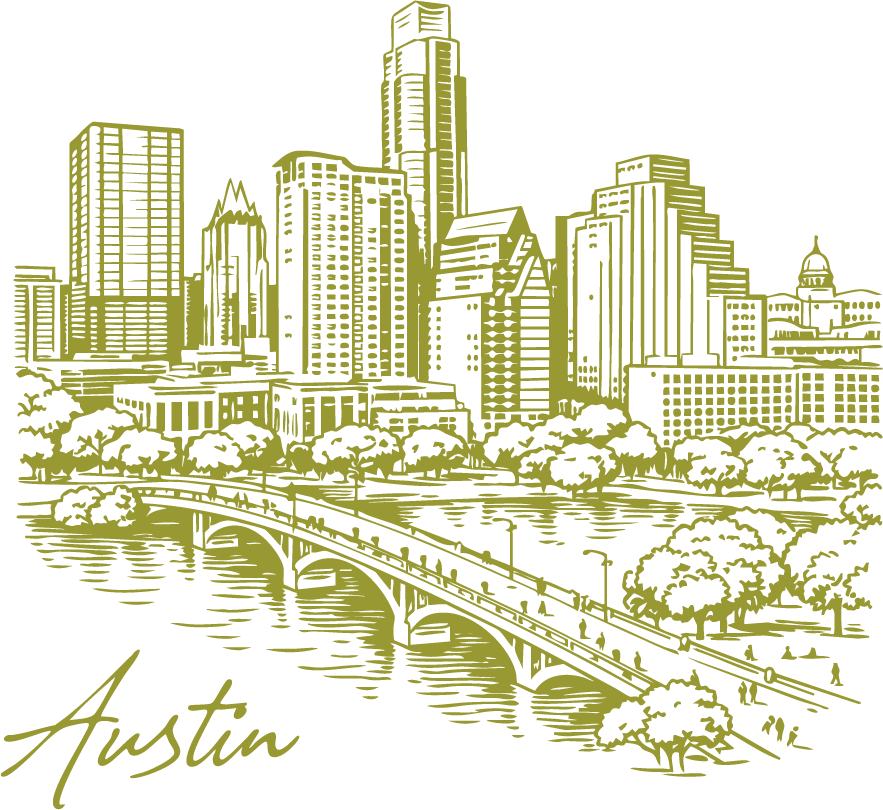 Line art illustration of the Austin city skyline with a river and trees in the foreground, and the word "Austin" written in cursive at the bottom.