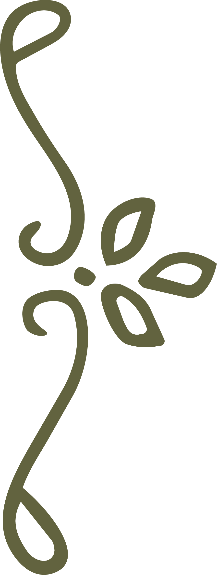 Simplistic graphic design featuring abstract floral shapes in olive green on a black background.