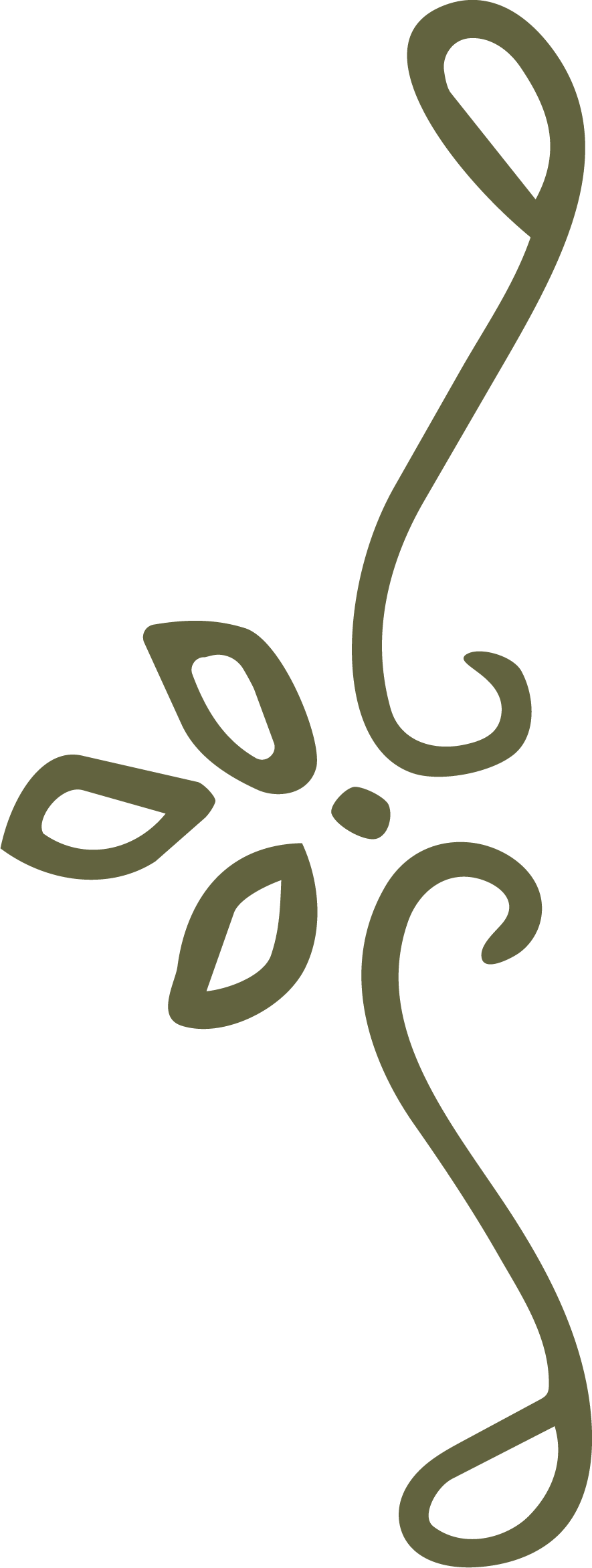 Simplistic graphic design featuring abstract floral shapes in olive green on a black background.