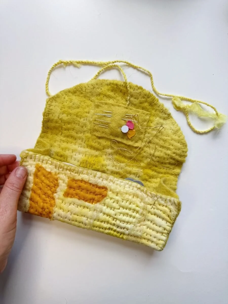 Felt pouch yellow with needles and pins Naturally dyed wool