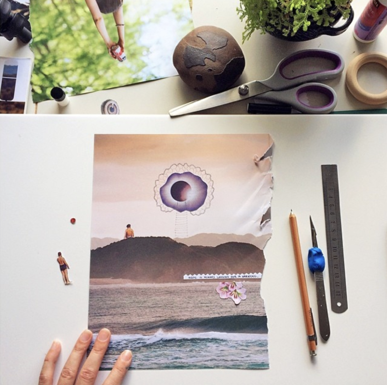 collage of waves and rocks with people and a purple moon eclipse shape in the sky. a hand is in the scene