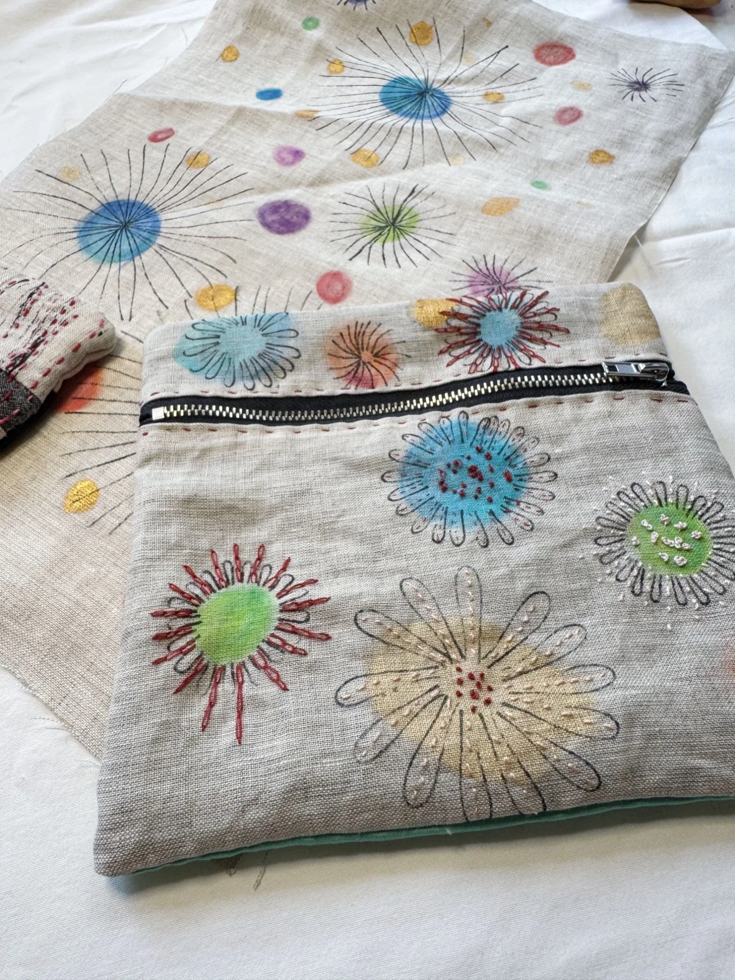Studio notes: hand painted spots on fabric - pencils on linen