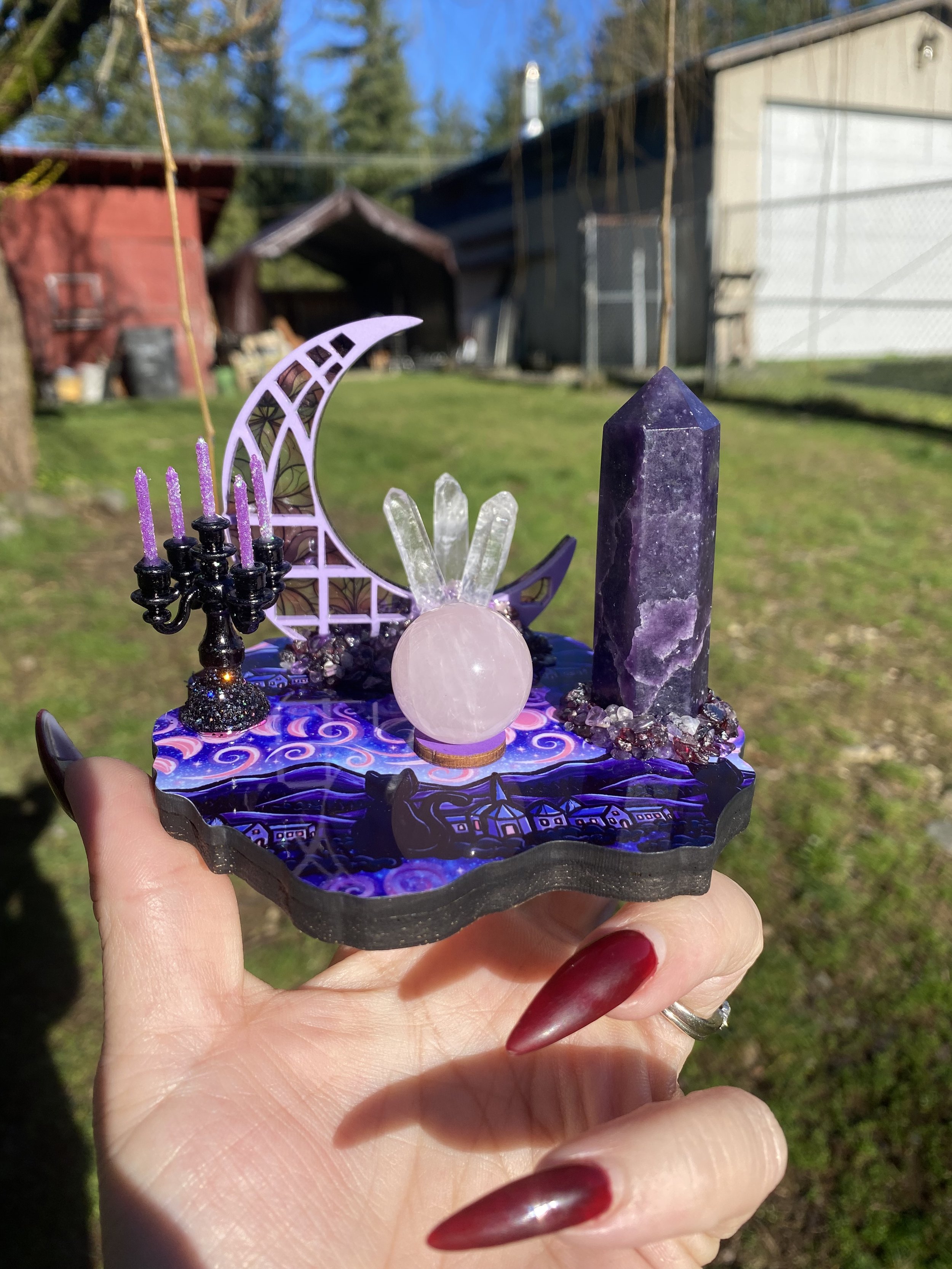 Mini moon "Stained Glass" with Lepidolite tower