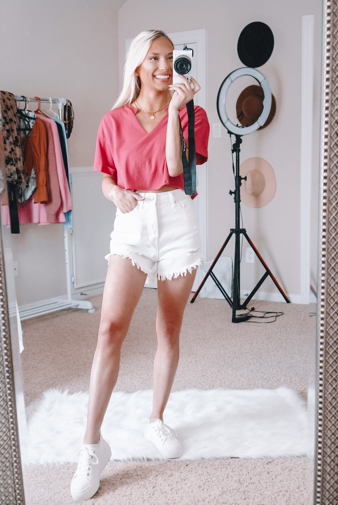 Denim shorts and white top casual spring outfit