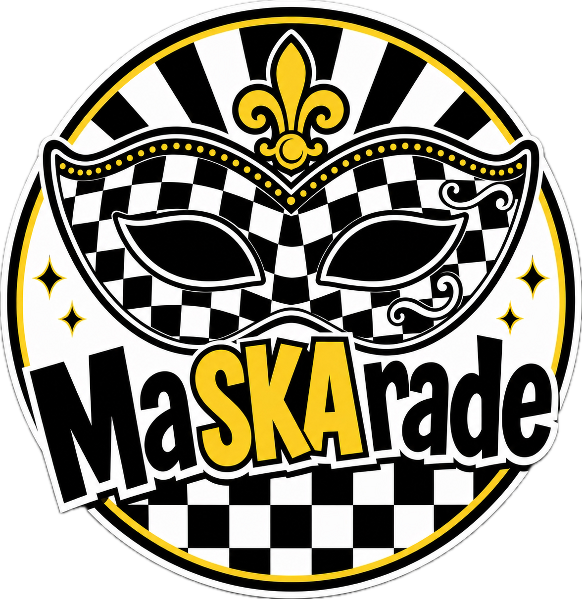 A ska band logo: Black and white checkered mask with gold accents, above the text "MaskArade" in yellow and black, with a black background.