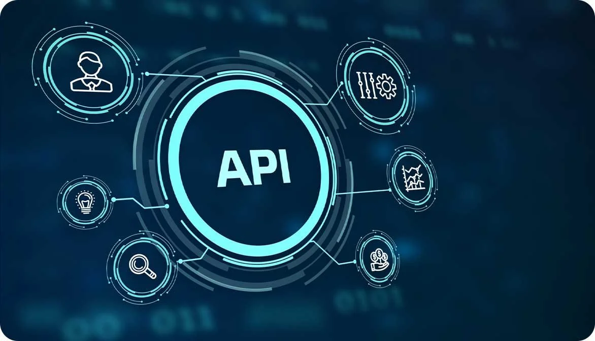 A conceptual technology graphic showing a central API node branching out to interconnected icons, illustrating how supply and distribution networks sync in real time.