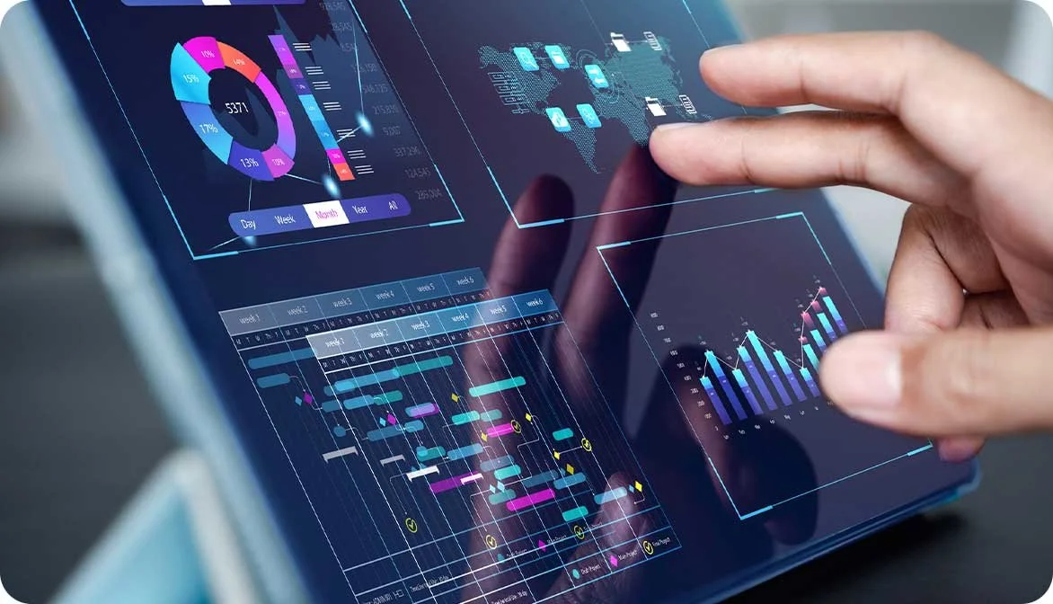 A close-up of a person interacting with a data analytics dashboard on a tablet, demonstrating how hotels use the Activate 2.0 reporting module to track guest behavior and revenue trends.