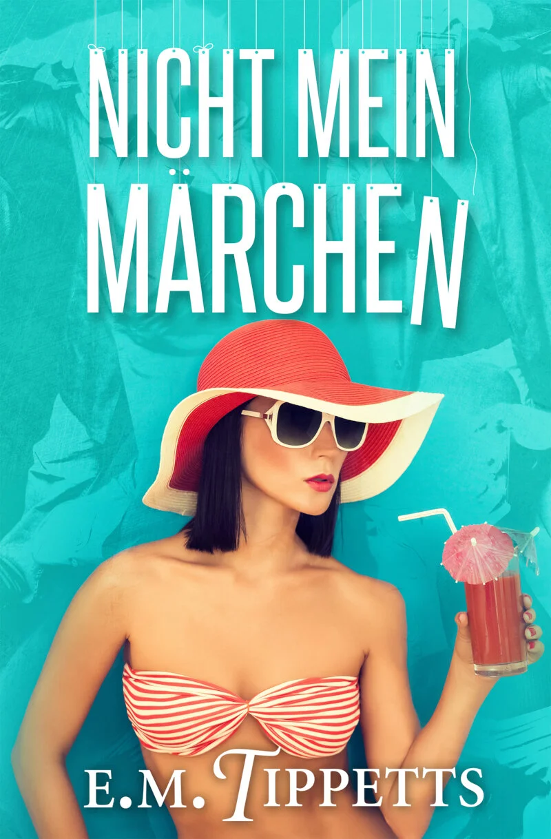 Buchcover mit türkisem Hintergrund und einer Frau in rot-weißem Bikinioberteil, rotem Sonnenhut und Cocktail in der Hand
