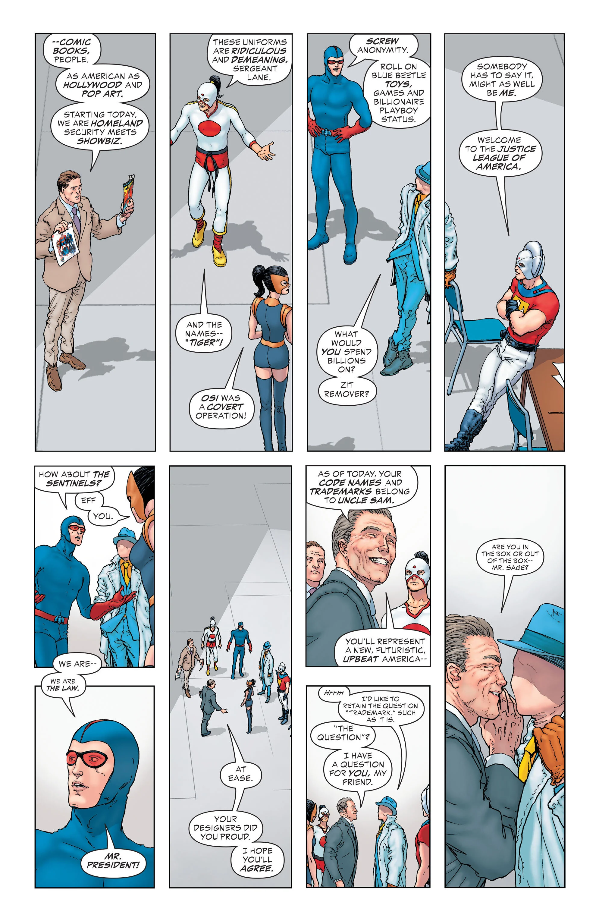  Hier toont een  Polyptiek  hoe de diverse reacties op een mededeling een superheldenteam  letterlijk "verdeelt" , en dit in  focus  brengt.&nbsp;  Hier is ook een tekstreferentie naar de visuele elementen:  "Are you    in the box    or    out of the