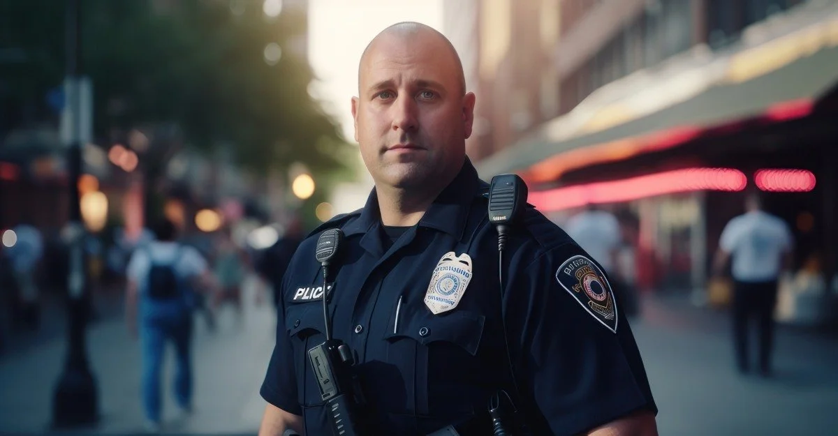 Police officer patrols city street vigilantly