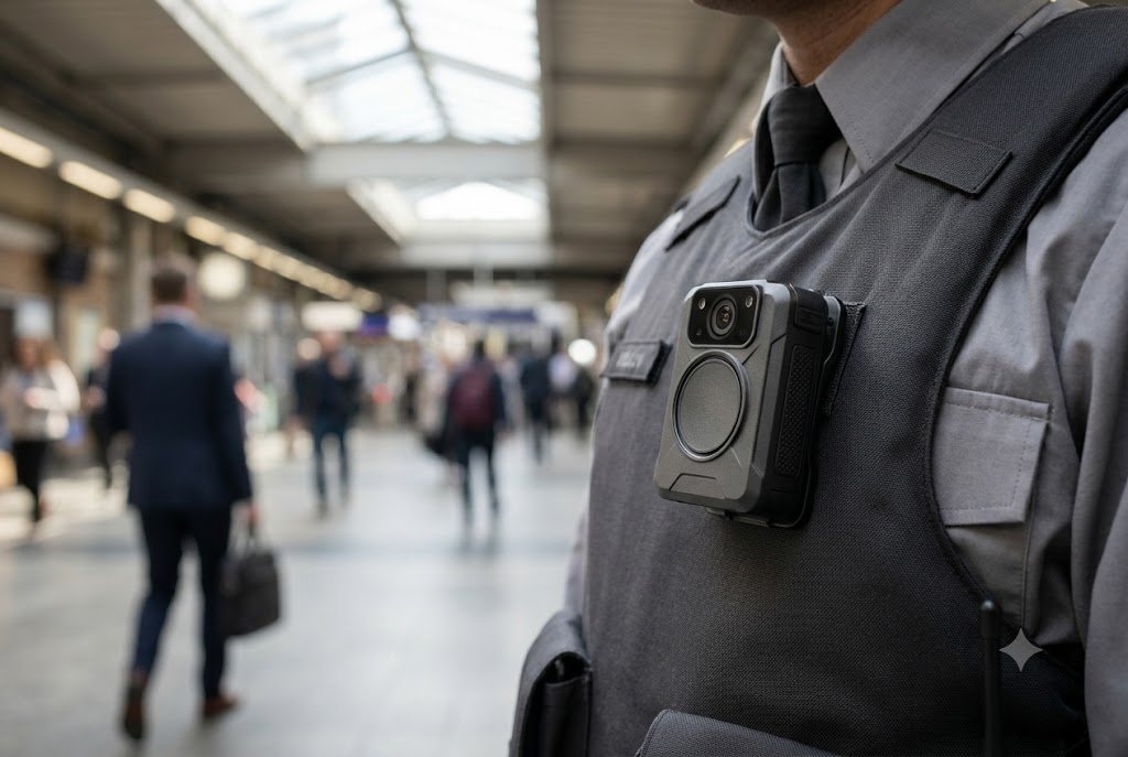Body-worn camera clipped to vest at transit station.png