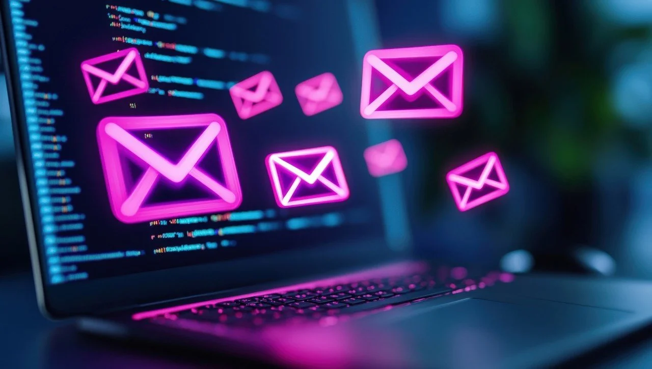 Digital communication concept with glowing email icons above a laptop