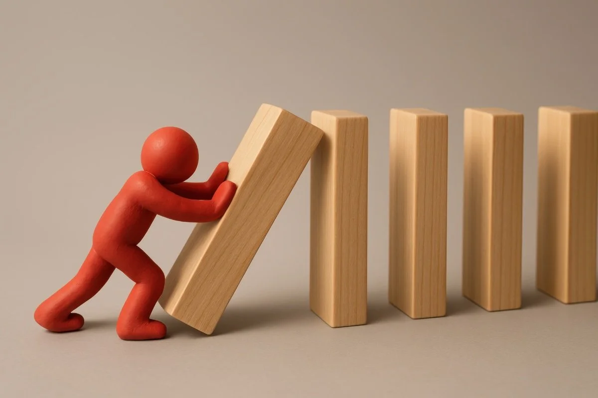 Red clay figure actively pushing wooden blocks