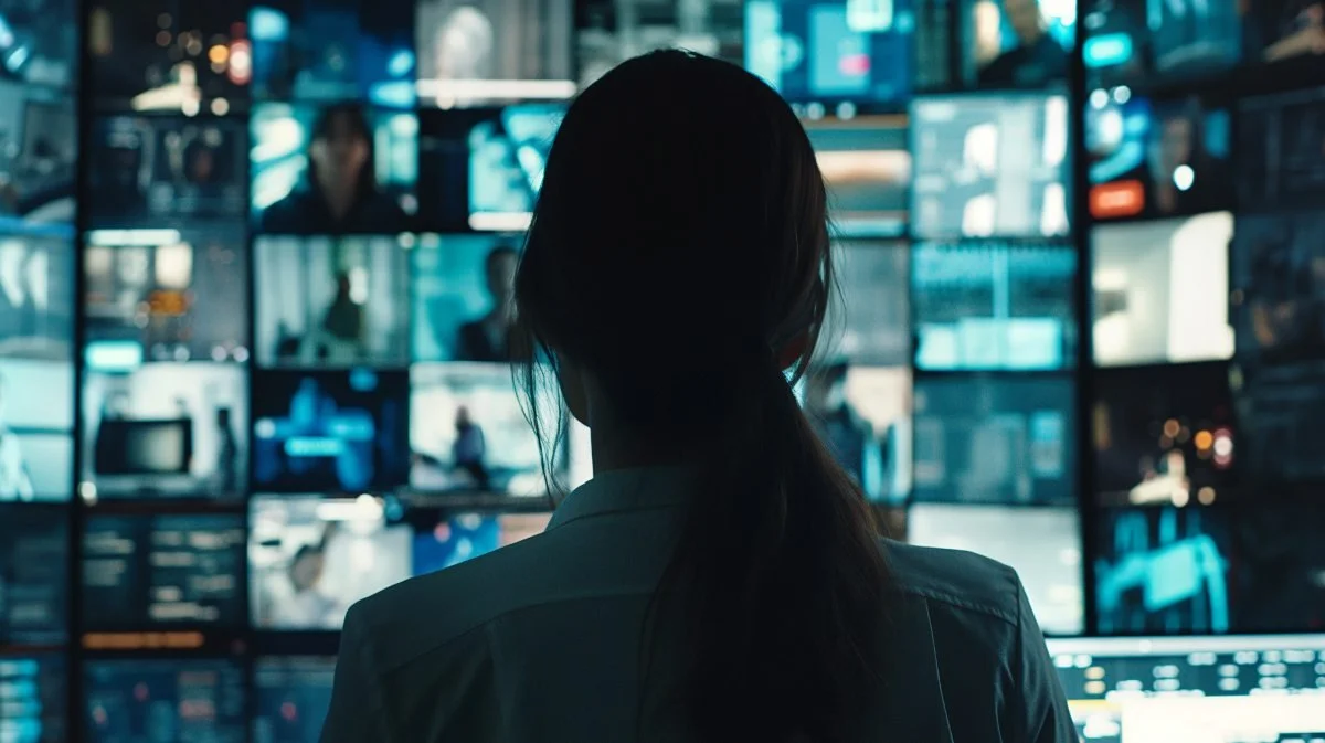 This Person on a headset engages in a call amidst multiple screens showcasing diverse visuals