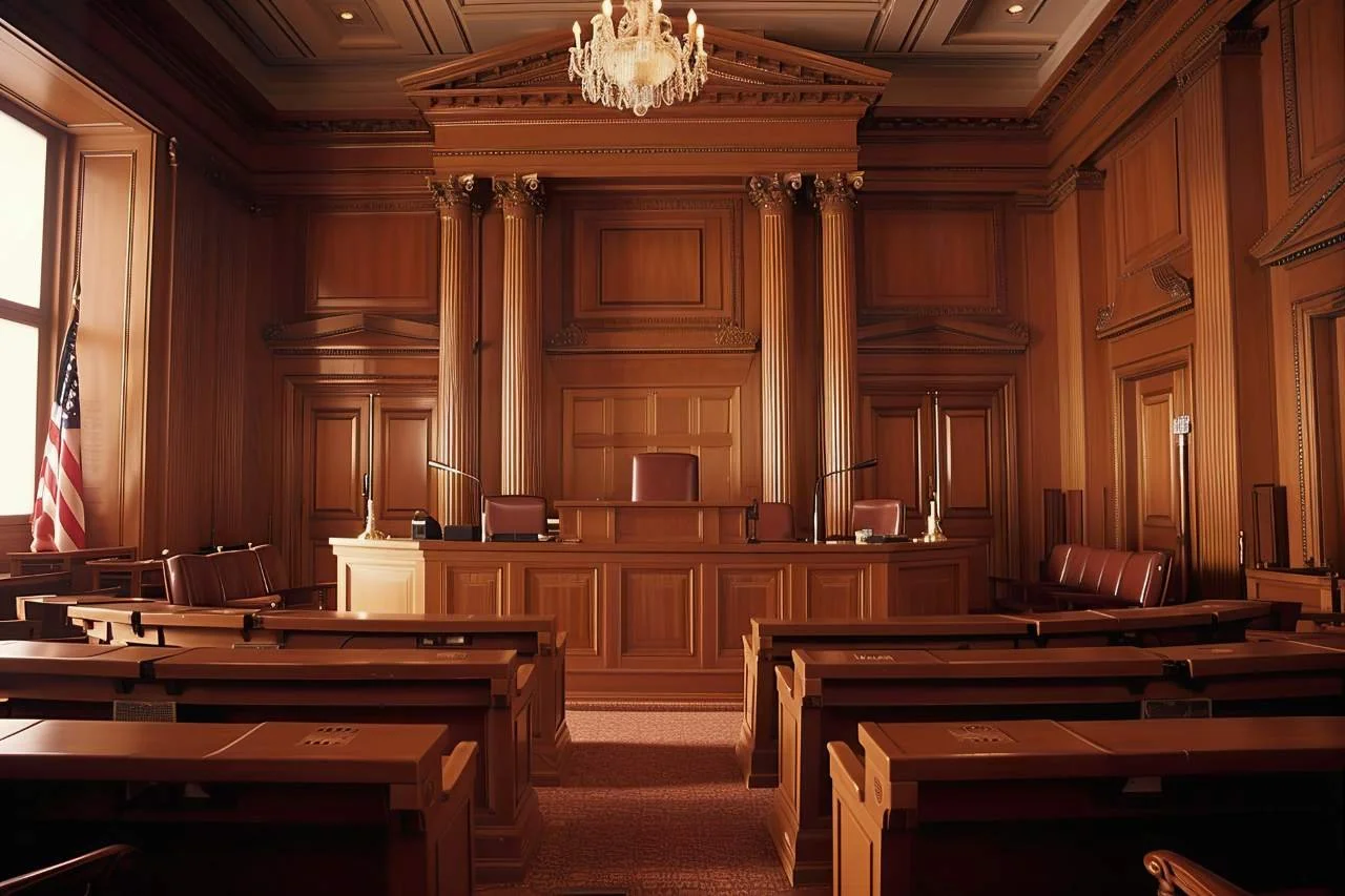 Classic courtroom interior design with American flag and grand chandelier