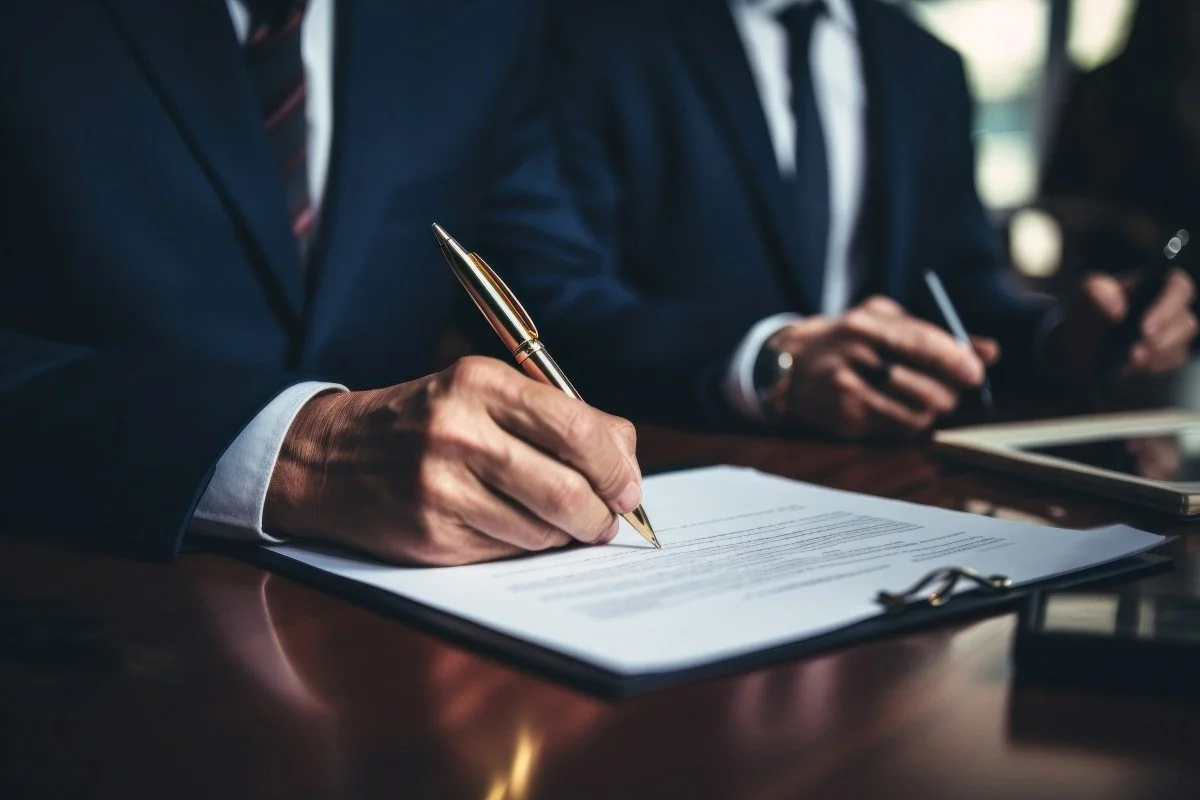 lawyers reviewing and signing legal documents