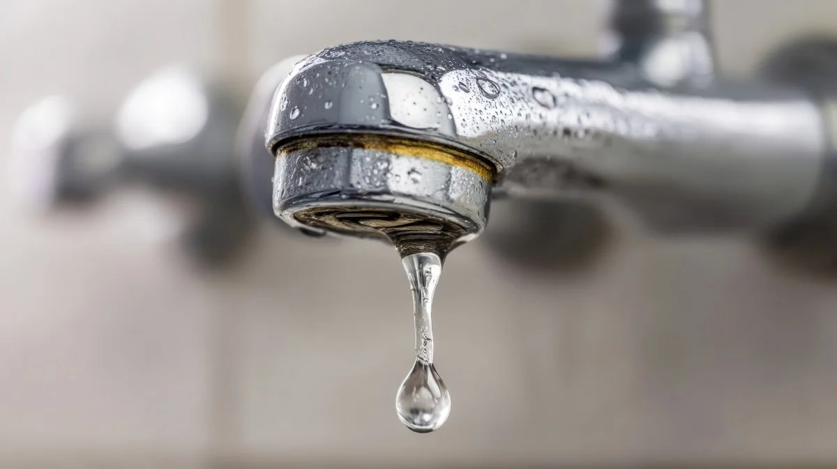 Close-up of a leaking faucet with water droplet
