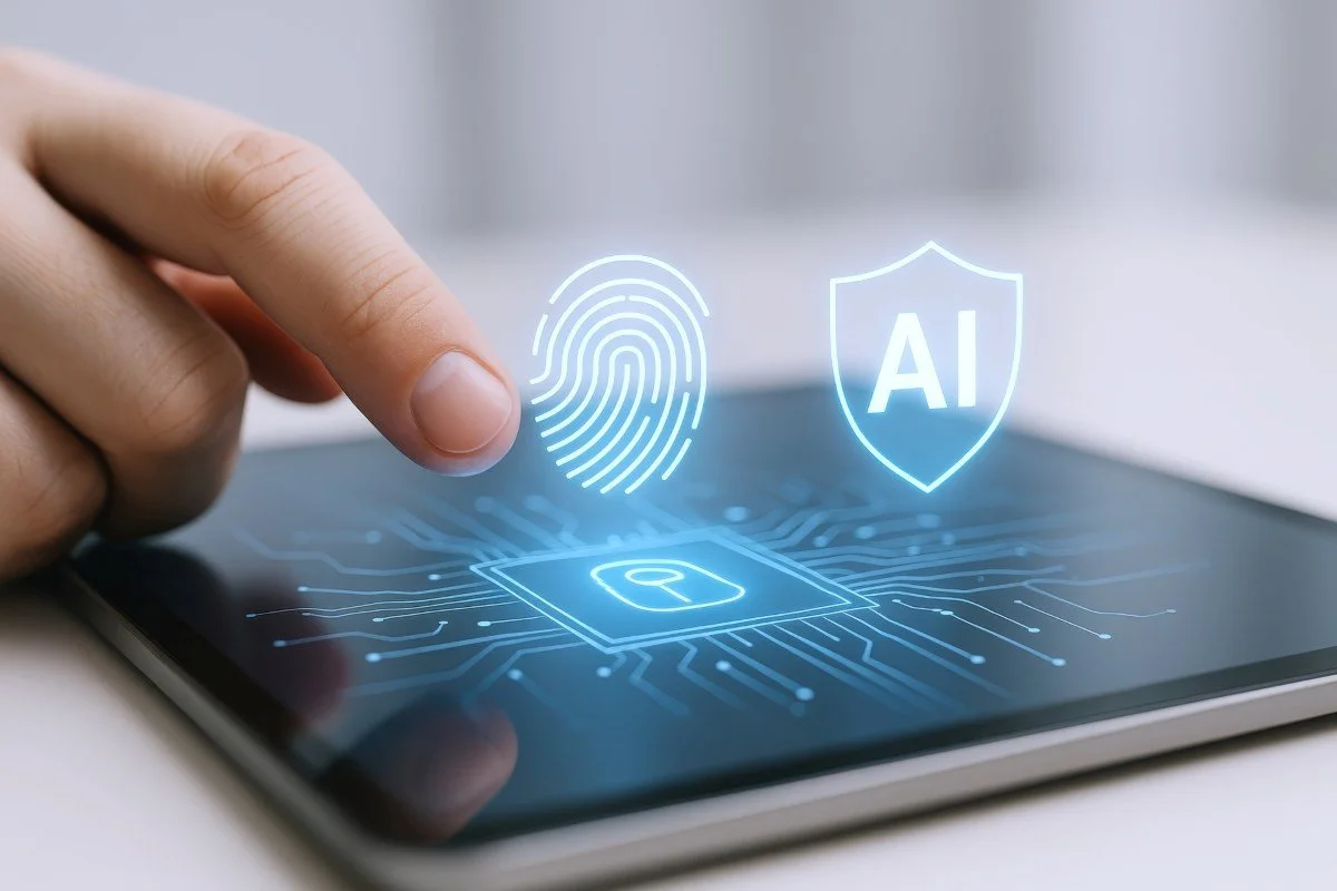Artificial Intelligence Security System Fingerprint Scan on Tablet for Data Protection and Access Control