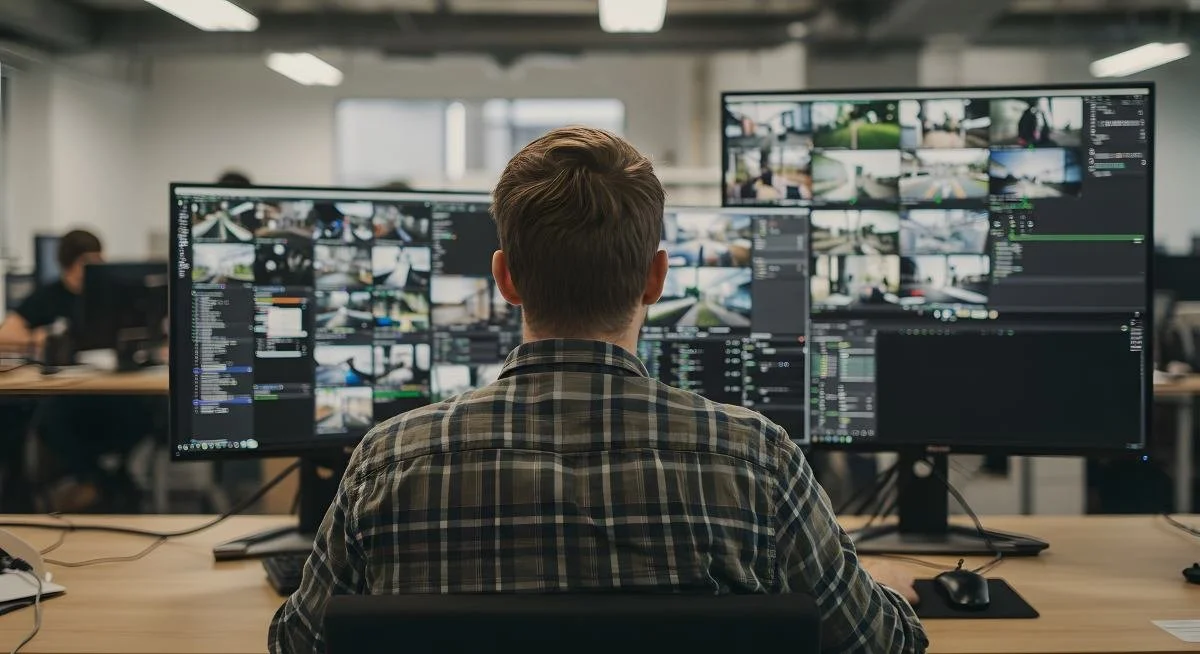 Security Operator Monitoring Surveillance Footage on Multiple Screens in a Modern Office Setting