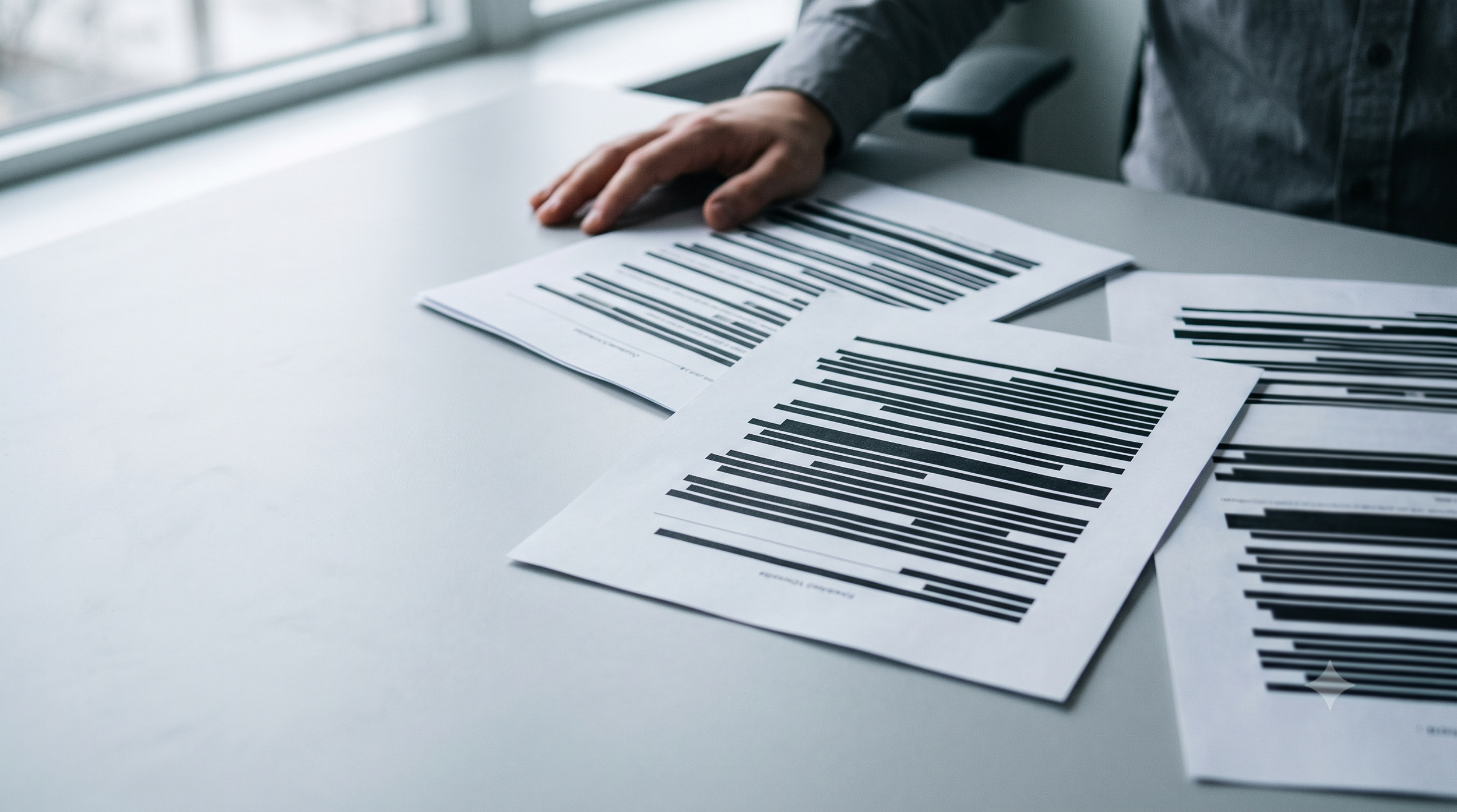 Document review desk with redacted papers.png