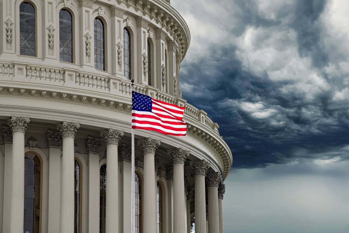 Washington DC Capitol view on cloudy sky background