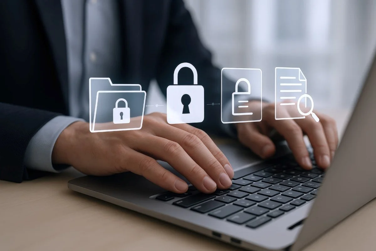 Data Security Businessman Typing on Laptop with Protective Digital Icons Ensuring Confidentiality and Cyber