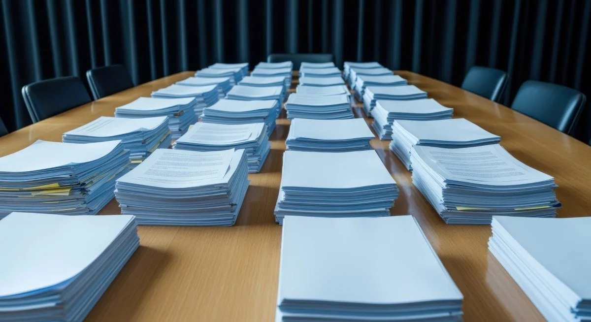 Paperwork Documents Stacked High on Conference Table