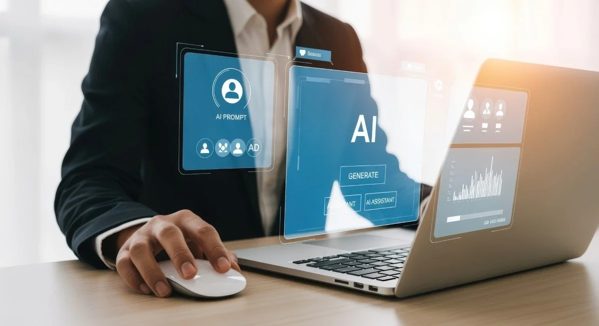 Professional using laptop with AI interface for data analysis and business insights in modern office