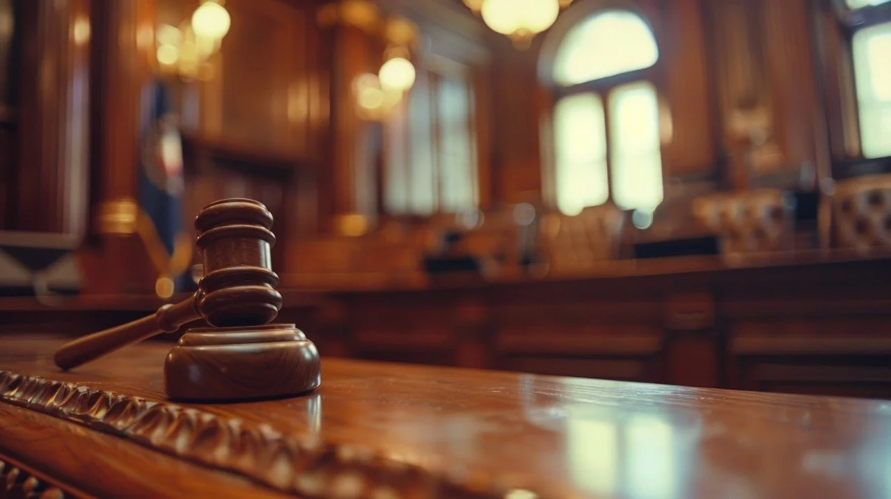 Gavel on wooden table in courtroom