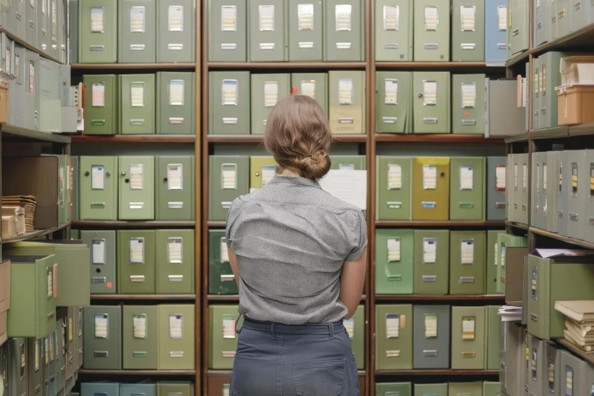 Woman contemplating files in archive room