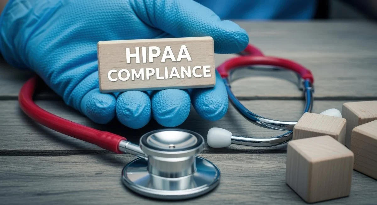 Healthcare Professional Demonstrates HIPAA Compliance with Stethoscope and Wooden Blocks on a Wooden Table