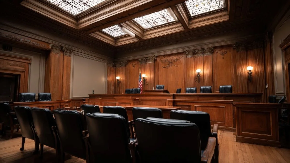 courtroom interior featuring wooden paneling, rows of seating, and natural light from a skylight