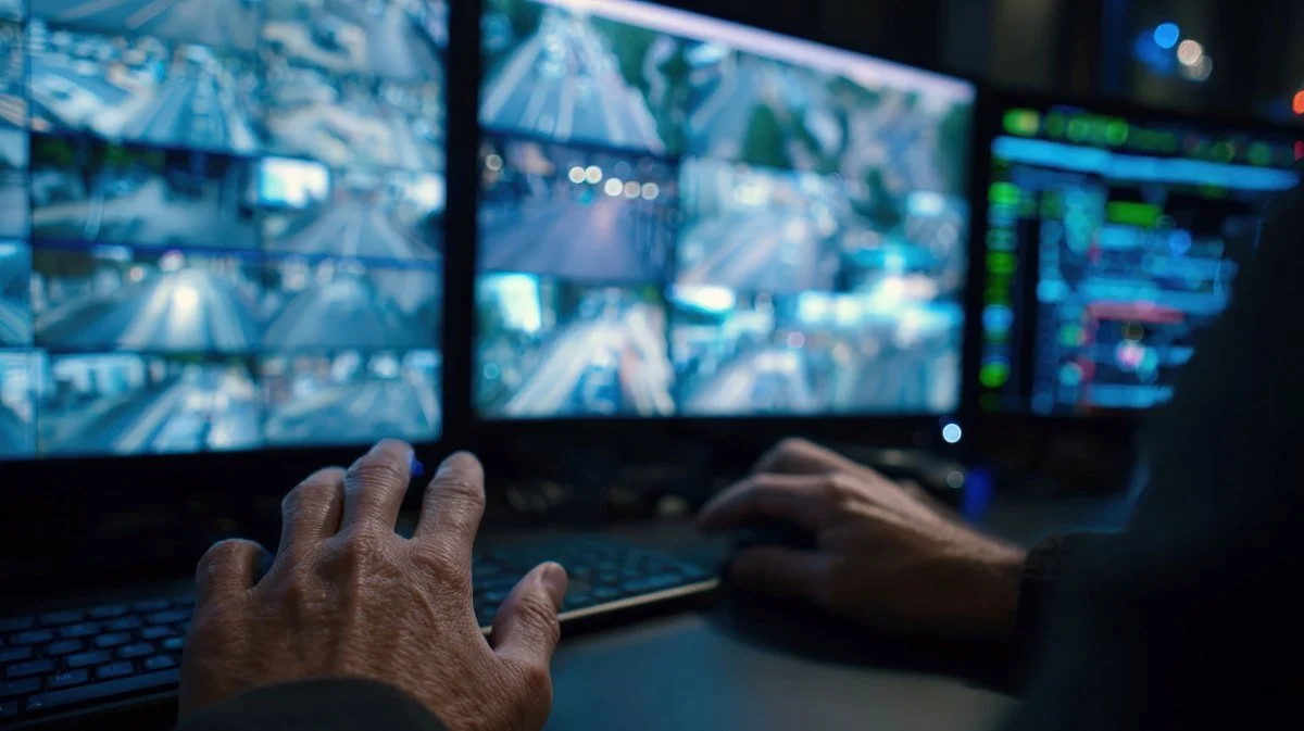 First-person view of hands analyzing security footage on digital interface