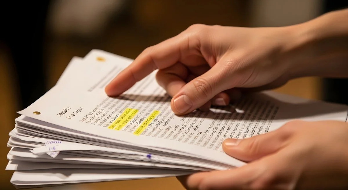 A person holding a stack of papers with a yellow highlighted word