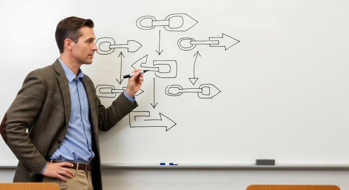 Young caucasian male professional explaining concept with diagrams on whiteboard