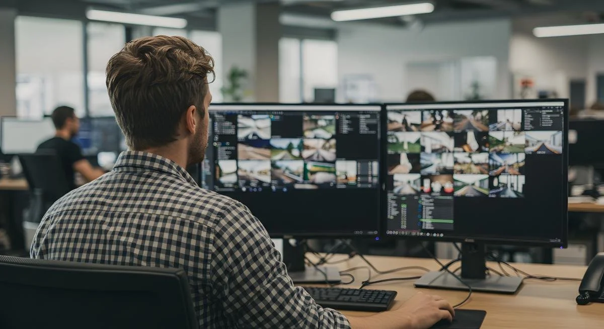 Man Working on Multiple Monitors in Modern Office Setting