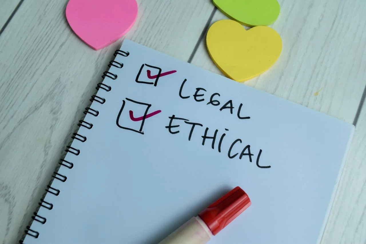 words legal and ethical written on a notebook with check boxes before each word