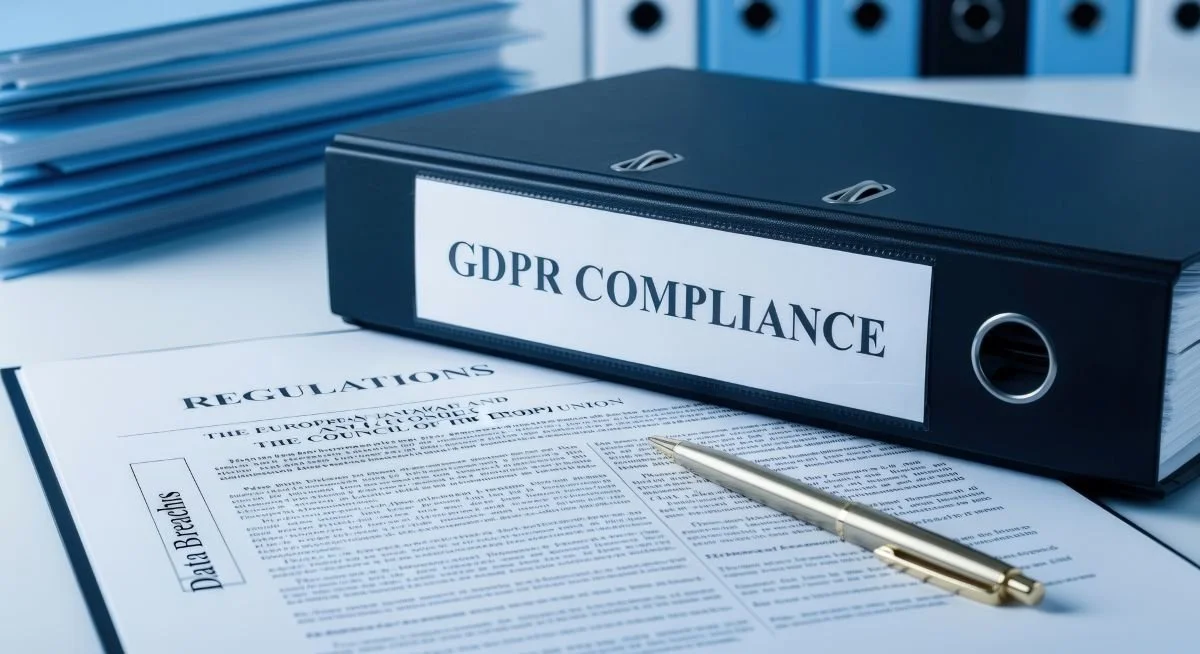 GDPR Compliance Ring Binder with Documents and Pen on Desk