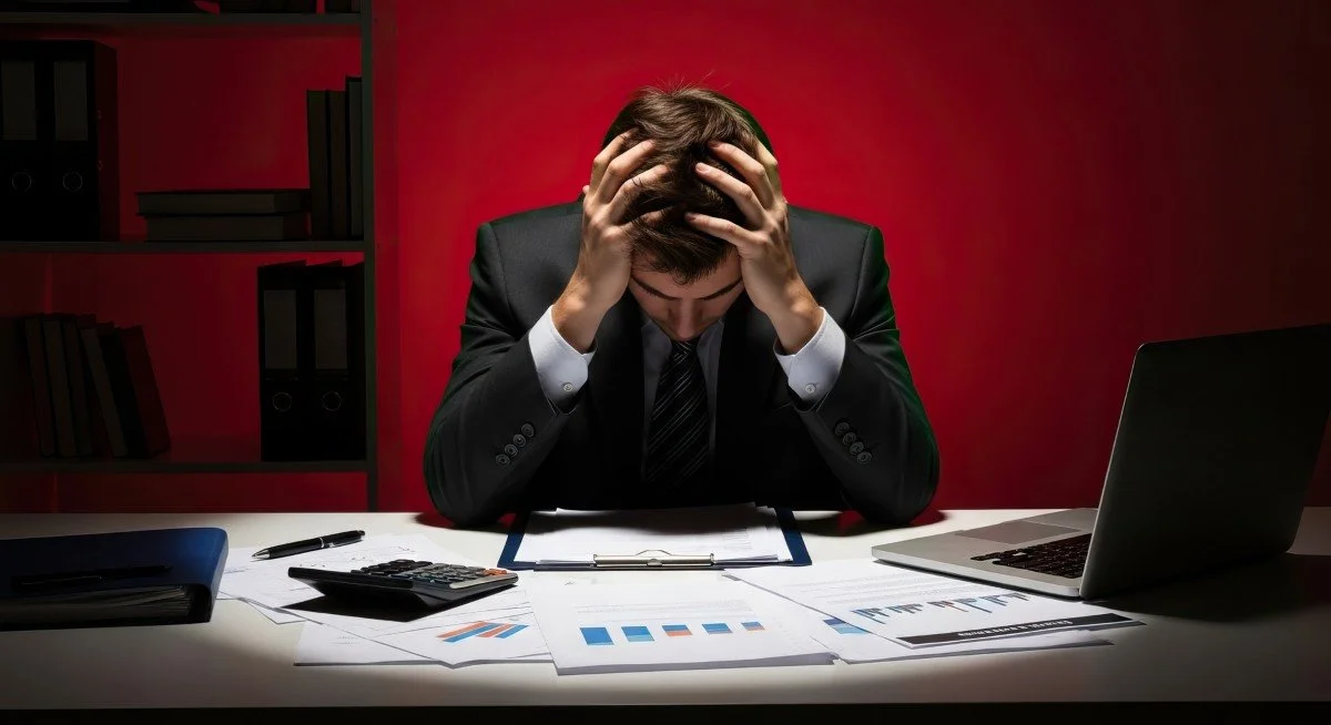 Businessman in Dark Office Holding Head in Hands Overwhelmed by Work and Financial Problems
