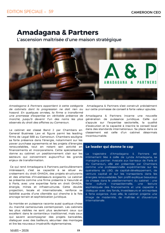 Amadagana &amp; Partners est classé par le magazine Cameroun CEO parmi les 15 meilleurs cabinets d’avocats d’affaires au Cameroun