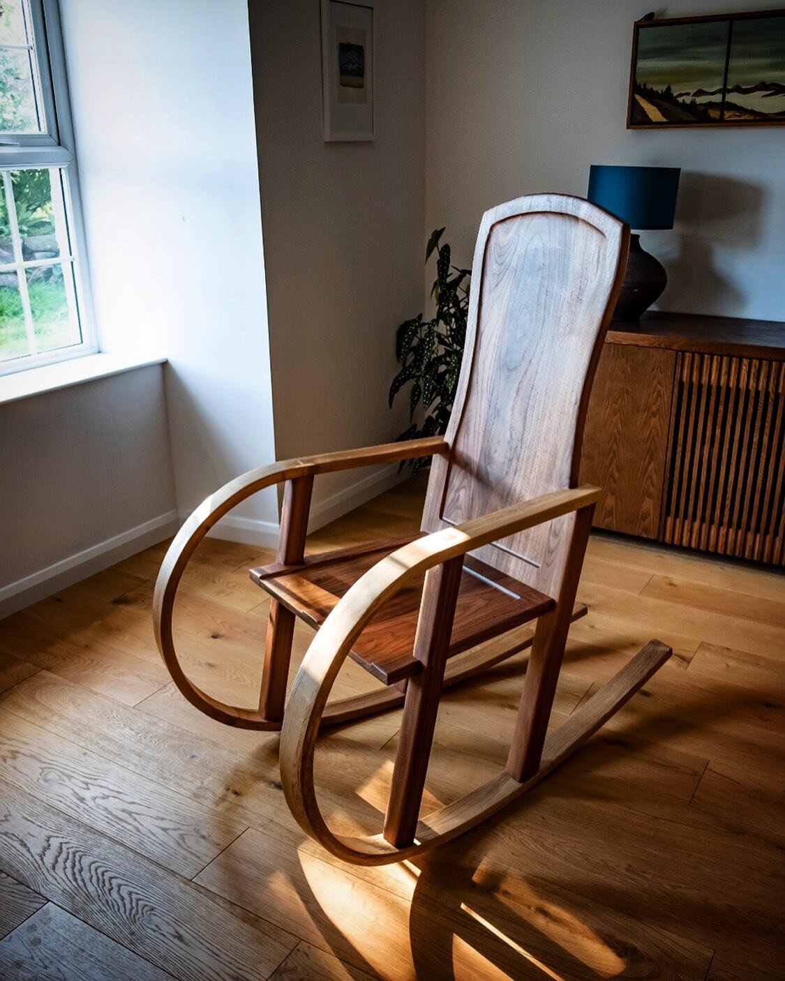 We delivered this bespoke walnut and ash rocking chair to its new home today. With an American Walnut back and seat, hand shaped for comfort, and local Scottish Ash steam bent rockers, this one of a kind chair is meant to hold generations and create 