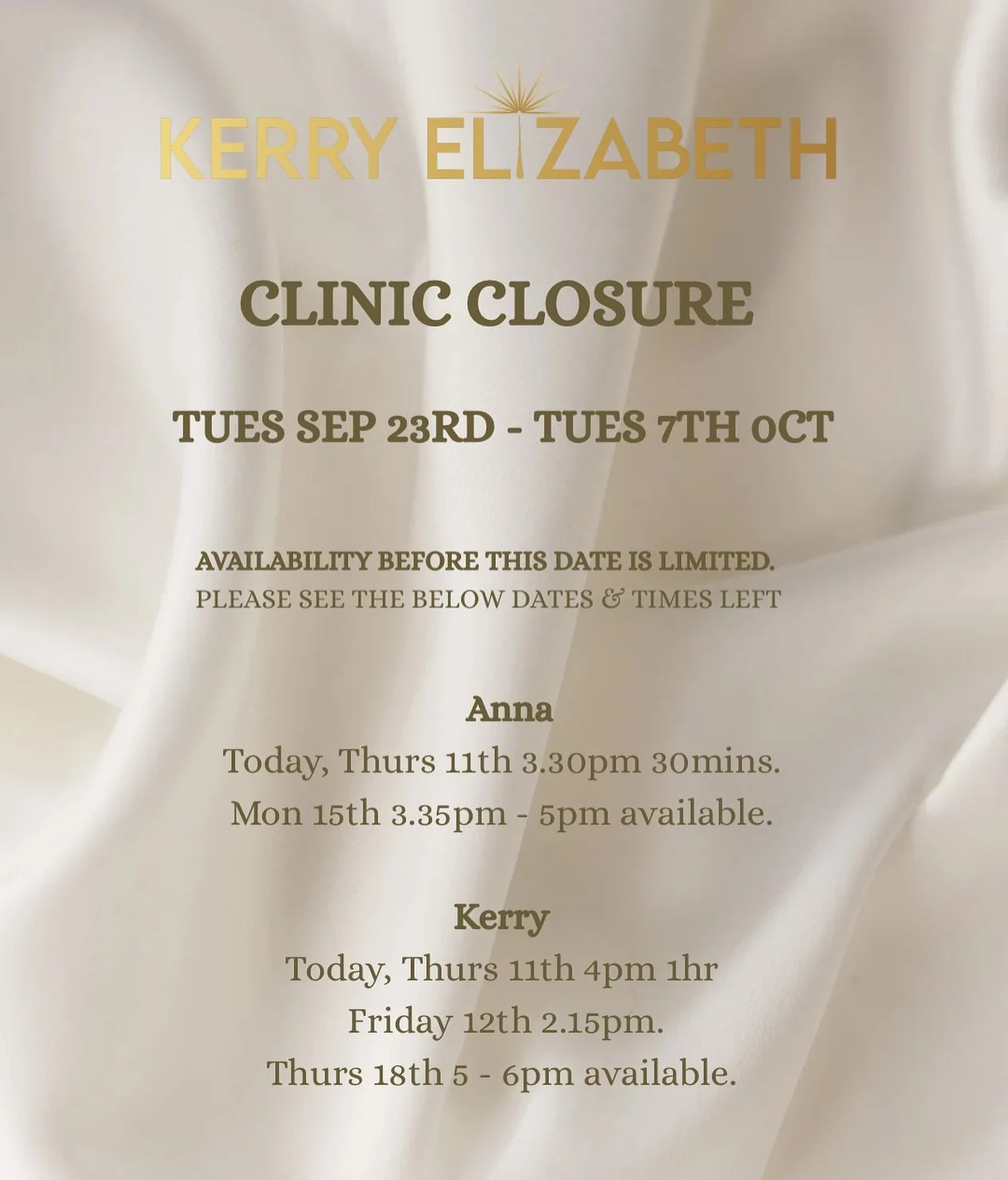 Kerry Elizabeth Aesthetics, Laser &amp; Skin Clinic will be CLOSED : Tues 23 Sep - Tues 7th Oct 🔔

If you are needing a last minute appointment before we go or even when we are back please book now to avoid disappointment 🙏🏽

We look forward to we