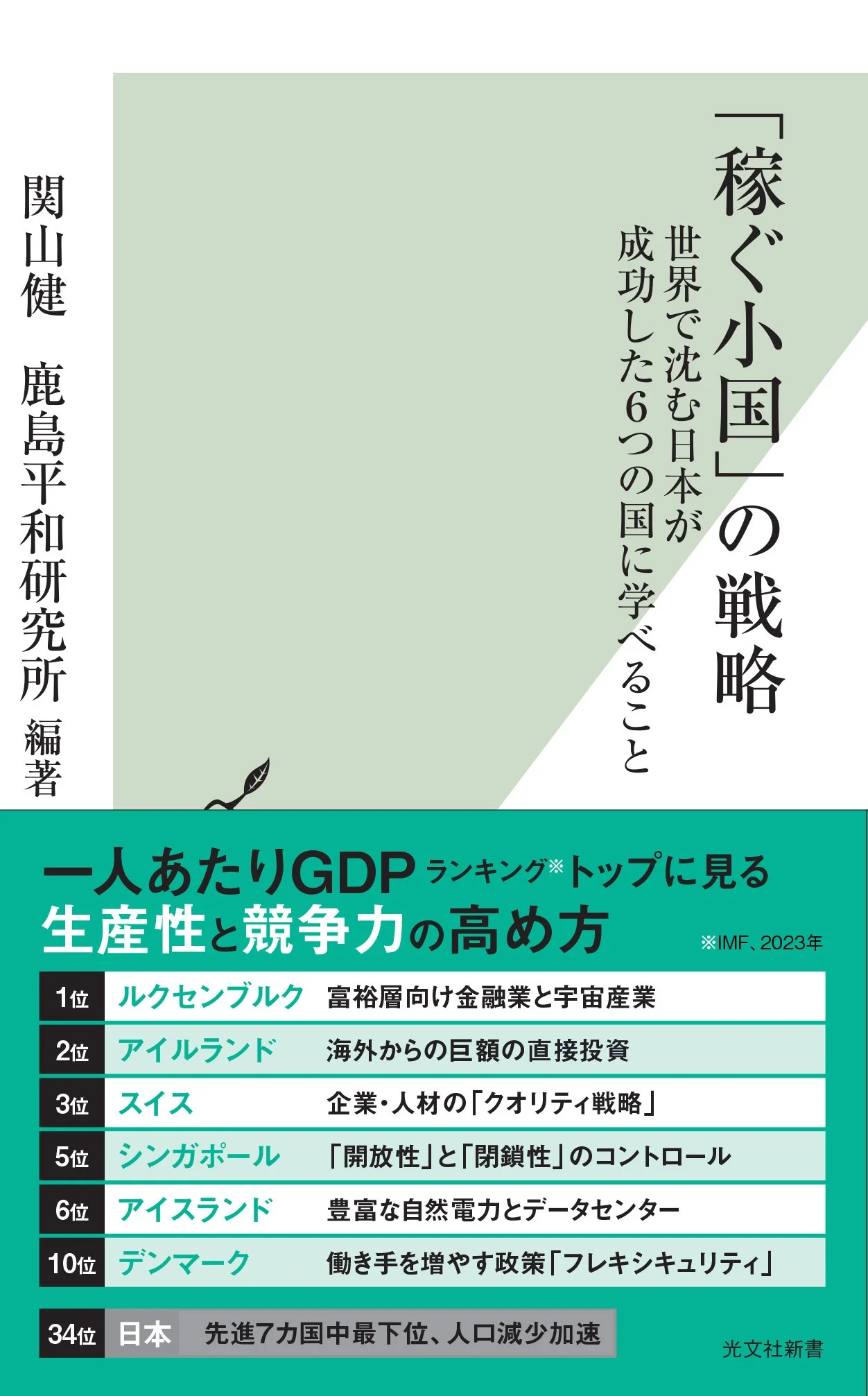 Japanese book cover with green, black, and white text discussing GDP and global ranking, featuring a small illustration of a sprouting plant in the lower left corner.