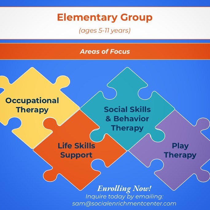 Areas of focus for the Elementary Group include social skills, behavior and occupational therapy as well as life skills and play! 🎈Come hangout with us!