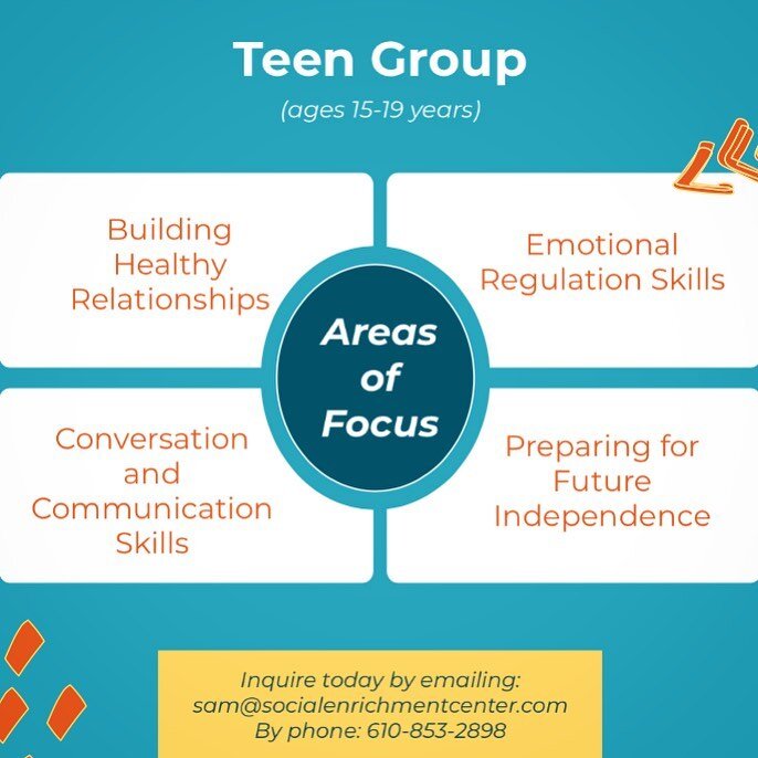 The teen groups focus on building healthy relationships, emotional regulation and communication skills to work on independence in the future! Email sam@socialenrichmentcenter.com to sign up today!