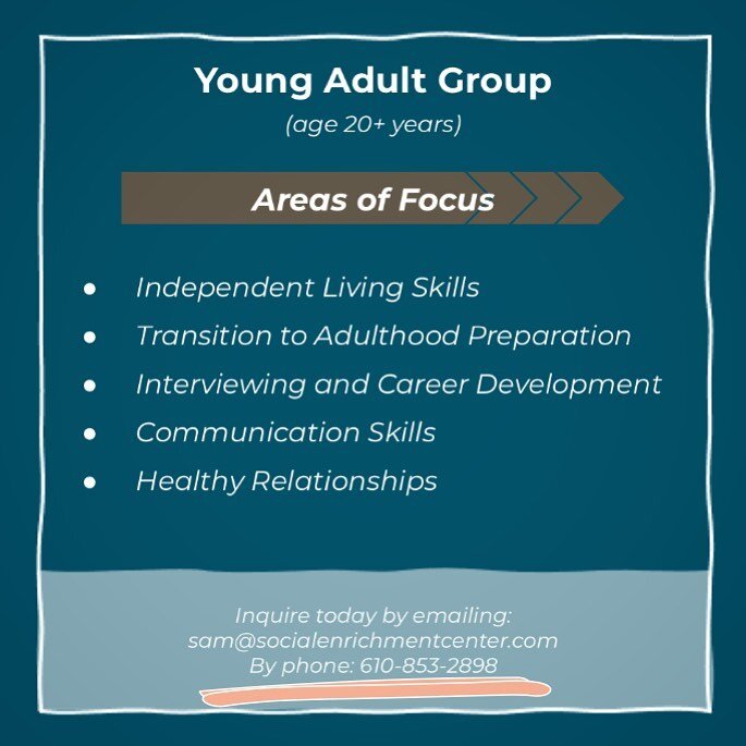 Last but not least; meet our Young adult group! ✨ Together our group builds goals for each session to work towards independent living! Contact Sam@socialenrichmentcenter.com today!