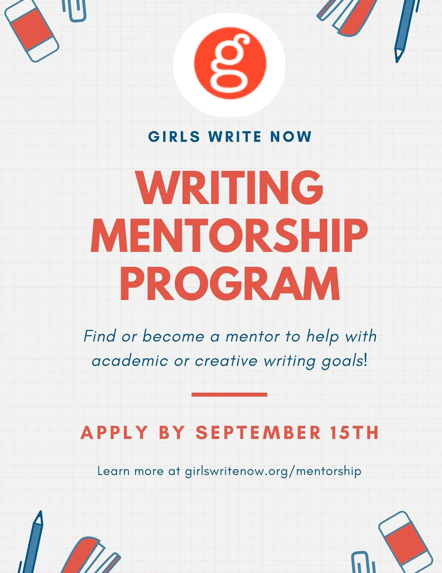 Are you a writer? ✍️ Explore and build your academic or creative writing skills with @girlswritenow ! Girls Write Now is offering a mentorship program to practice and learn different kinds of writing to help you meet all your writing goals. It&rsquo;