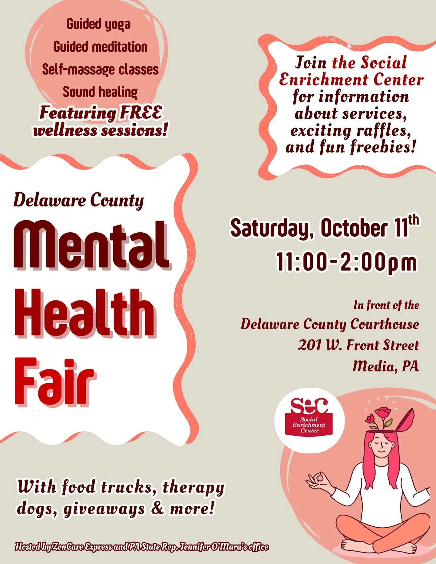 The Social Enrichment Center will be tabling at our second October event! 🥳 In celebration of World Mental Health Day, @zencare_express and @repomara will be hosting a mental health fair FULL of free self-care classes, other freebies and giveaways, 